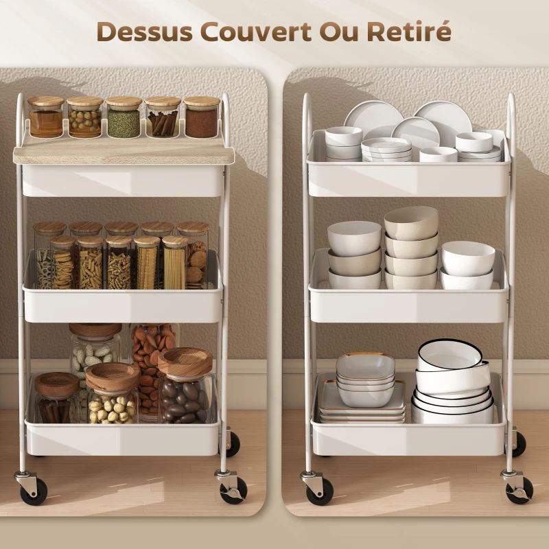 HOMCOM Desserte cuisine, chariot de service à 3 niveaux, plateau supérieur, paniers, poignées, 45 x 32 x 77,5 cm chêne
