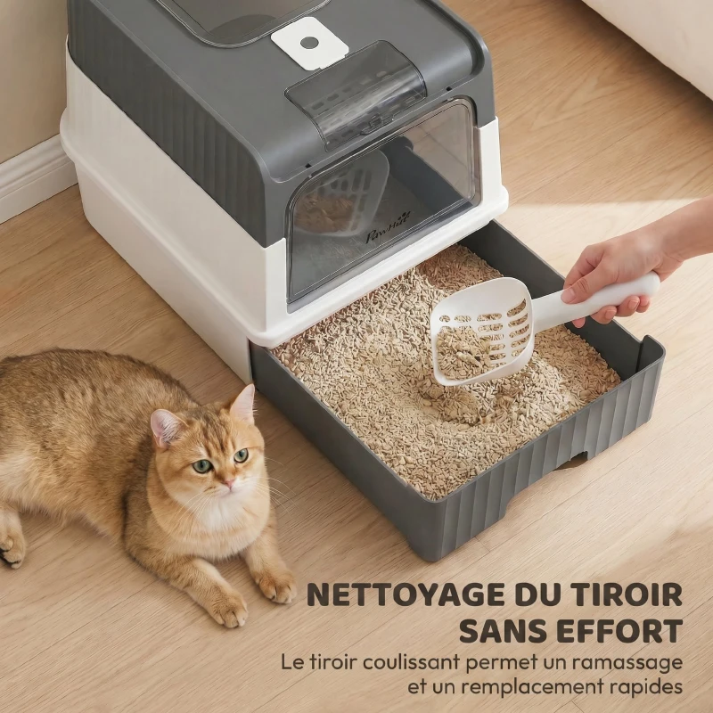 PawHut Maison de Toilette pour Chat avec Couvercle, Entrées, Plateau Coulissant, Pelle, Sachets Désodorisants, 48x35x36cm, Gris