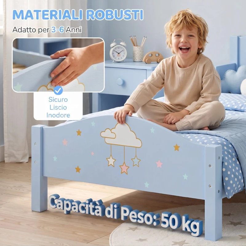 AIYAPLAY Letto Montessori per Bambini 3-6 Anni 146x76.5cm, Sponde Anti-Caduta, Forma di Nuvola per Cameretta, Blu