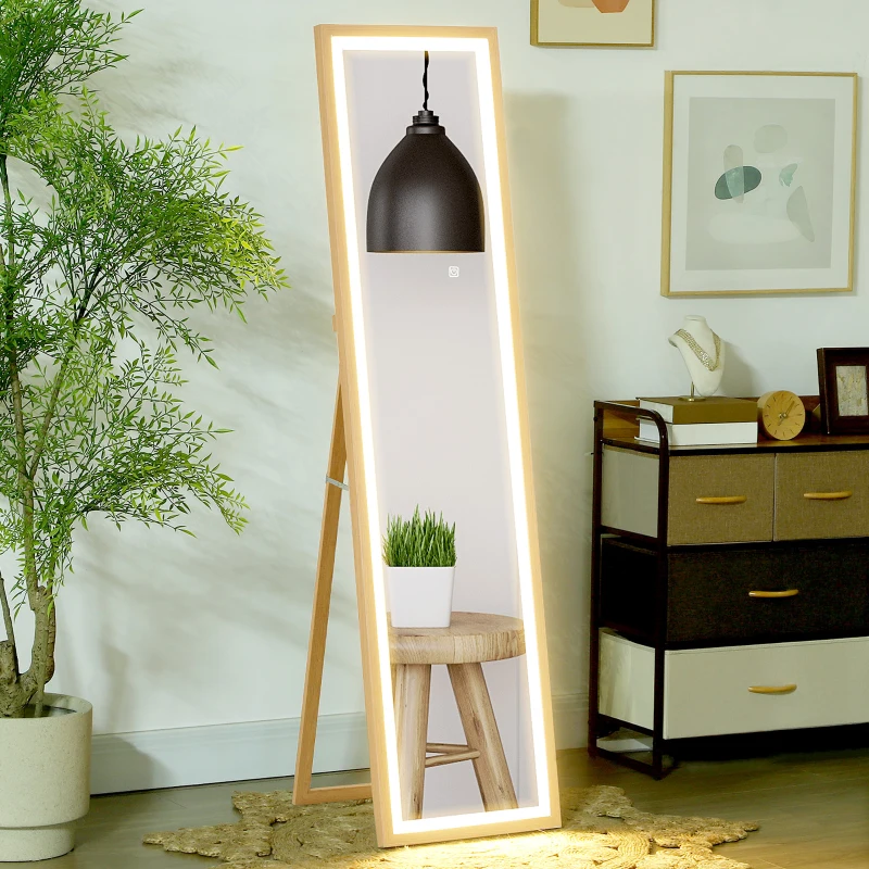 HOMCOM Grand miroir pleine longueur, miroir mural ou sur pied rectangulaire, 40 x 160 cm avec éclairage LED 3 couleurs, chêne