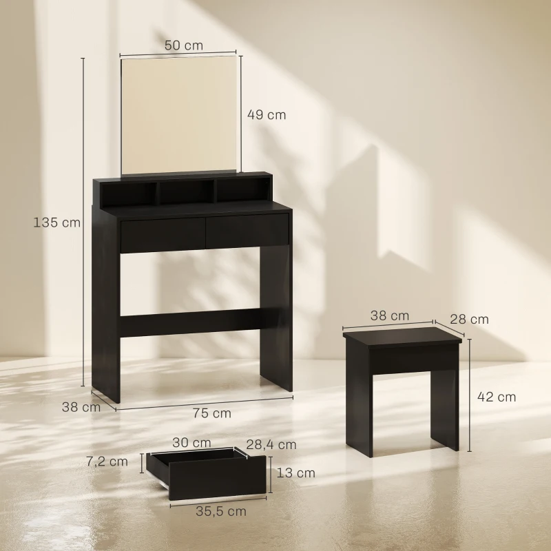 HOMCOM Mesa de Maquillaje con Espejo 3 Estantes 2 Cajones y Taburete de Madera 75x38x135 cm Negro