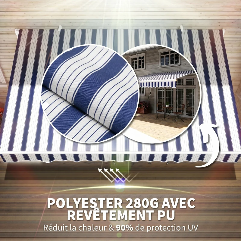 Outsunny Store banne manuel rétractable 395 x 245 cm avec manivelle, polyester 280 g/m² protection UV, aluminium, bleu et blanc