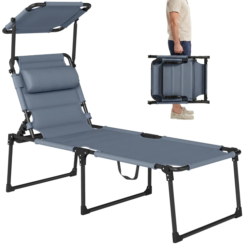 Outsunny Bain de soleil chaise longue pliante avec pare-soleil, appuie-tête inclinable en tissu Oxford 70 x 200 x 45 cm gris