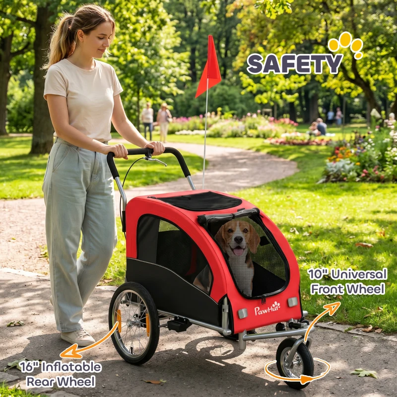 PawHut Remorque Vélo Chien 2-en-1 pour Chien Moyen avec Suspension, Pneus à Dégagement Rapide, Réflecteurs, 160x71x101cm, Rouge