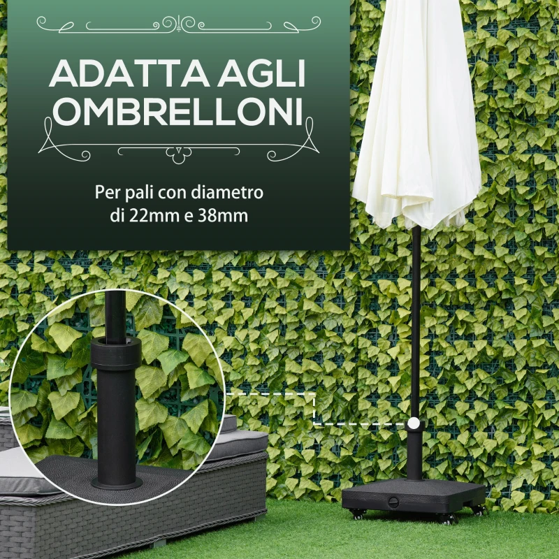 Outsunny Base per Ombrellone con Ruote Riempibile fino a 20kg per Pali da Ø22-38mm, 45x45x39cm, Nero