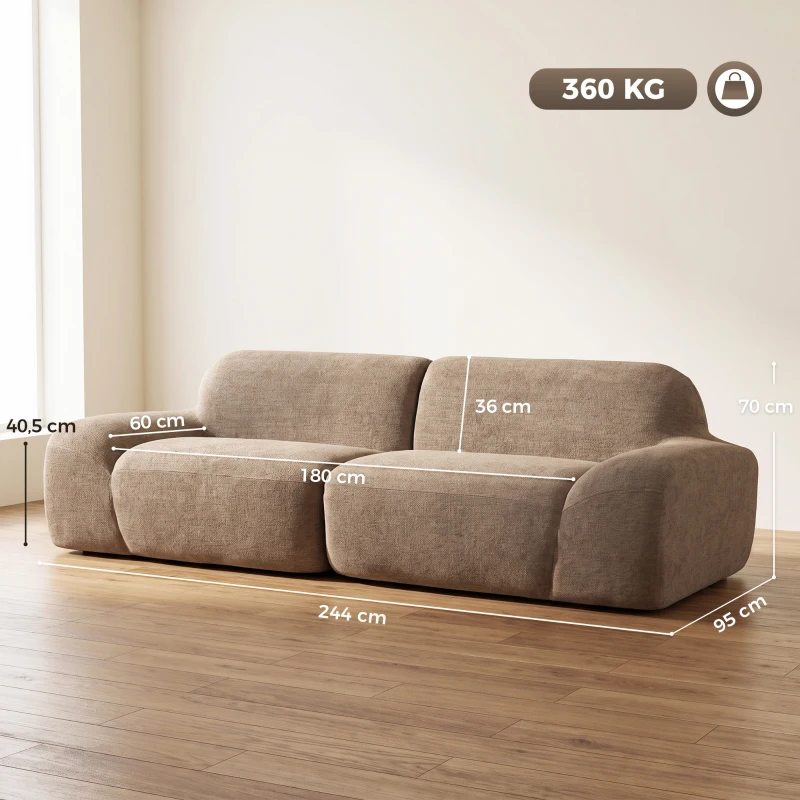 HOMCOM Sofá 3 Lugares em Chenille 244 cm, Sofá de Sala Moderno, Assento e Apoios de Braços Largos, Molas Ensacadas, Castanho Claro