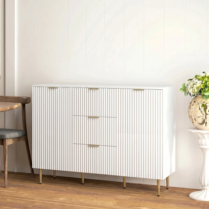 HOMCOM Buffet móvel de cozinha para arrumação com 3 gavetas, prateleiras ajustáveis, armários com portas caneladas, 120 x 40 x 90 cm, branco