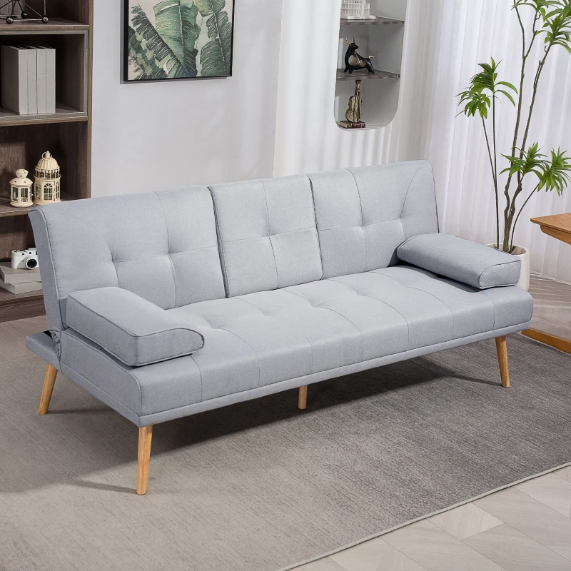 HOMCOM Canapé convertible 3 places, canapé-lit rembourré avec dossier réglable 3 niveaux, 2 coussins et 2 porte-gobelets intégrés, tissu de lin, pour salon, chambre d'amis, petit espace, gris clair