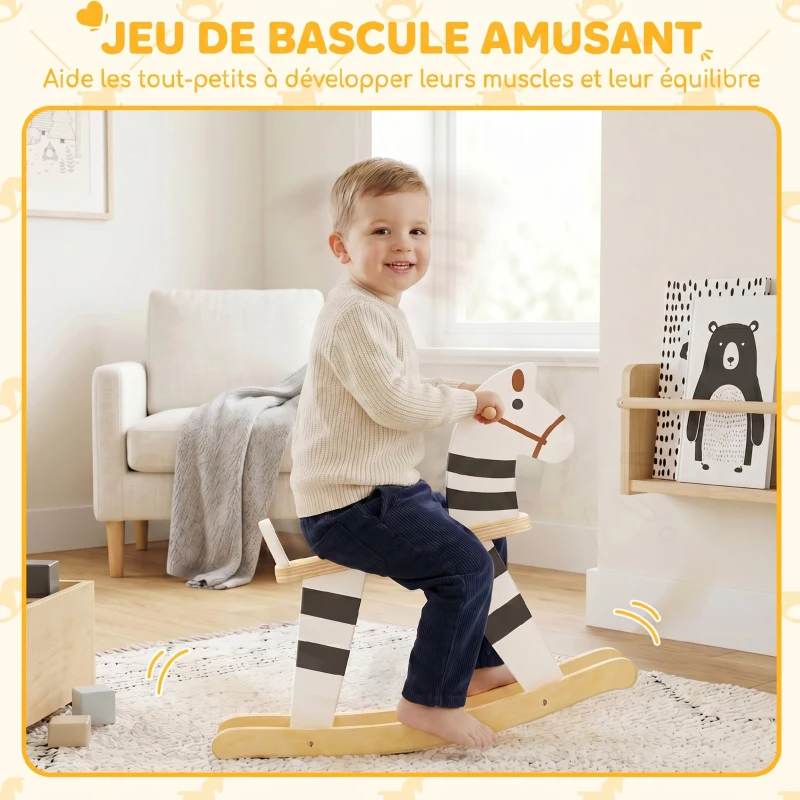 AIYAPLAY Cheval à Bascule pour Enfant, Jouet à Bascule pour Enfant avec Base en Bois et Dossier, 18 Mois à 3 Ans, Noir et Blanc