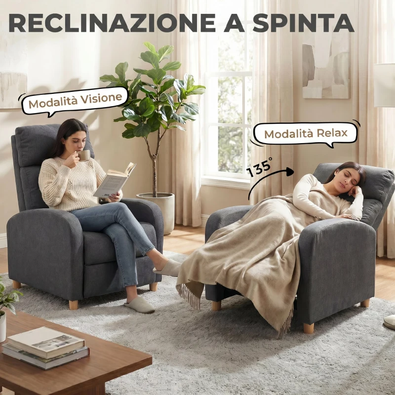 HOMCOM Poltrona Relax Reclinabile Manuale 135° con Poggiapiedi in Tessuto, Grigio Scuro