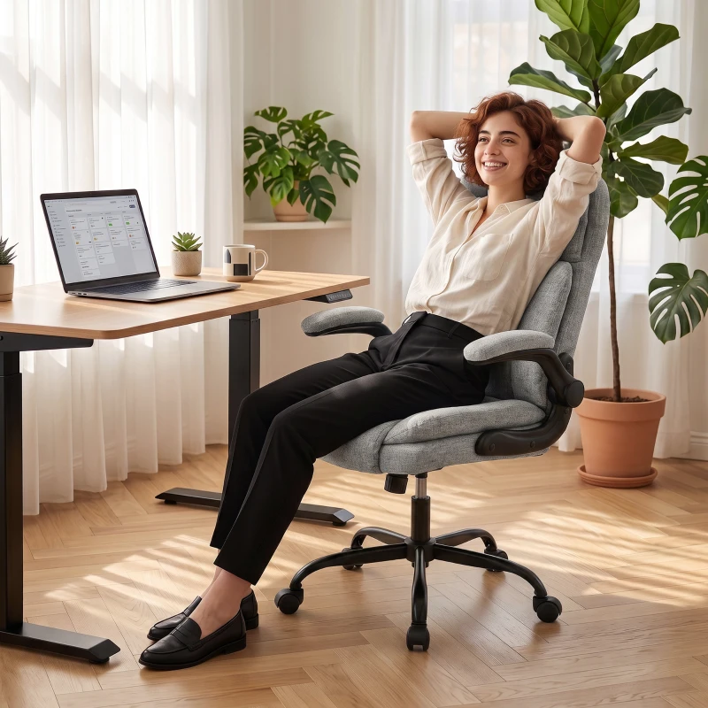 HOMCOM Chaise de Bureau Pivotante avec Accoudoirs Rabattables, Hauteur Réglable, Bascule en Tissu Effet Lin, Gris