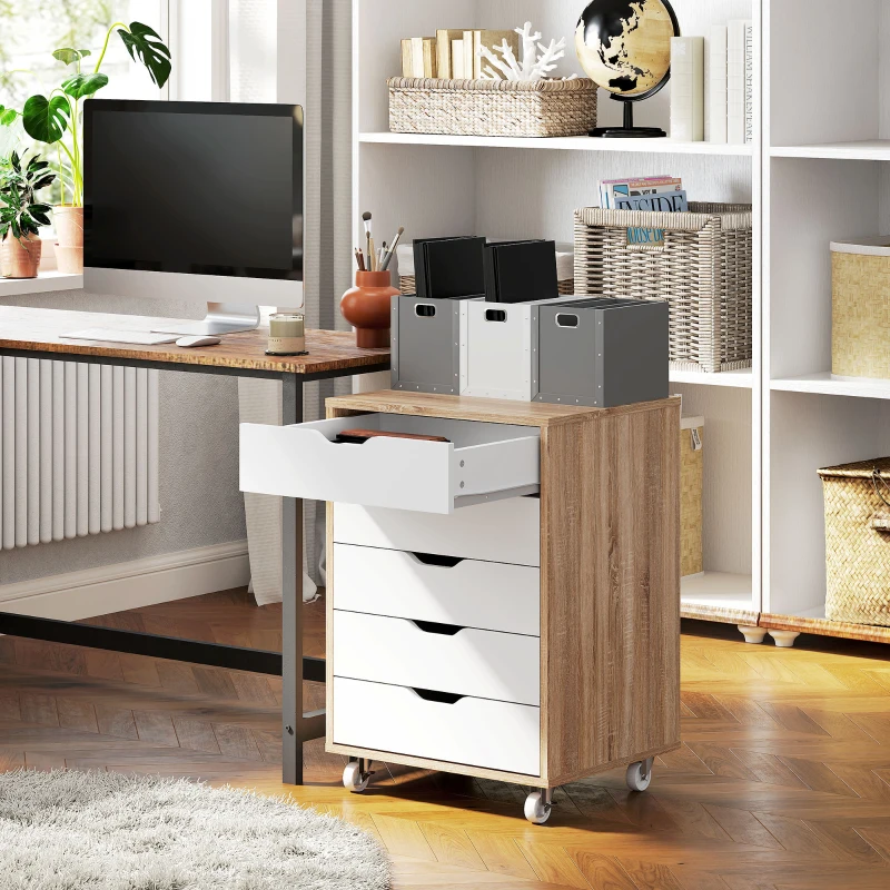 Vinsetto Caisson bureau mobile, meuble rangement bureau sur roulettes, 5 tiroirs, 47,5 x 39,5 x 67,5 cm, blanc et chêne
