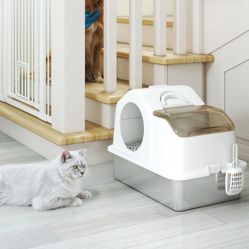 PawHut Lettiera per Gatti Chiusa con Tappetino Raccogli-sabbia, in Acciaio Inox, ABS e PP, 60.5x40.5x45 cm, Bianca e Argento