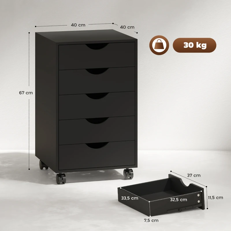HOMCOM Caisson bureau mobile, meuble rangement bureau sur roulettes, 5 tiroirs, 40 x 40 x 67 cm, noir