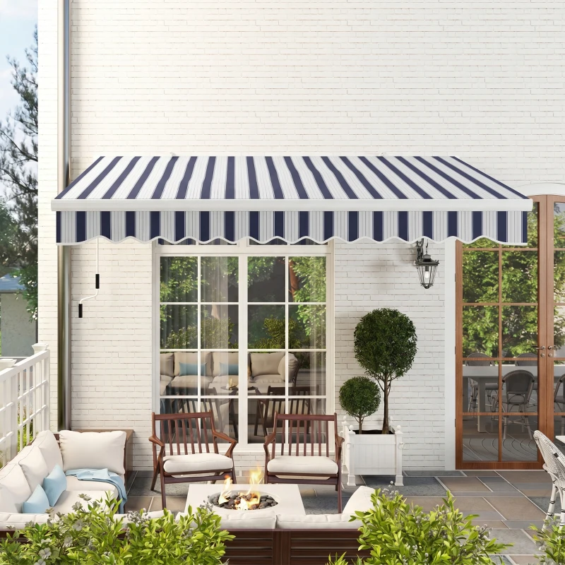 Outsunny Store banne manuel rétractable 395 x 245 cm avec manivelle, polyester 280 g/m² protection UV, aluminium, bleu et blanc