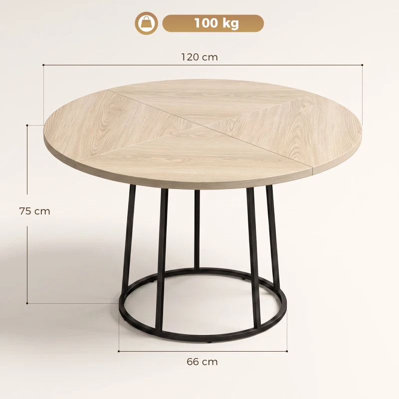 HOMCOM Masă de Dining Rotundă pentru 4–6 Persoane, Ø 120 x 75 cm, Masă de Bucătărie cu Picioare Conice din Metal, Lemn Natural