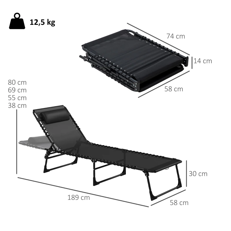 Outsunny Lot de 2 bain de soleil transat pliable dossier inclinable multi-positions acier lacets élastiques textilène noir