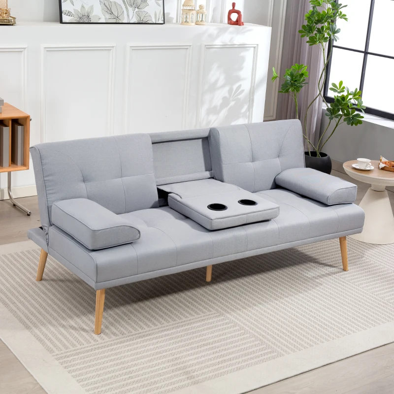 HOMCOM Canapé convertible 3 places, canapé-lit rembourré avec dossier réglable 3 niveaux, 2 coussins et 2 porte-gobelets intégrés, tissu de lin, pour salon, chambre d'amis, petit espace, gris clair