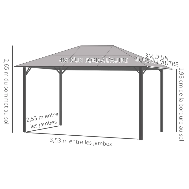 Outsunny Tonnelle pavillon de jardin avec toit rigide polycarbonate imperméable 4 parois latérales anti-UV moustiquaires 4 x 3 m gris foncé et noir