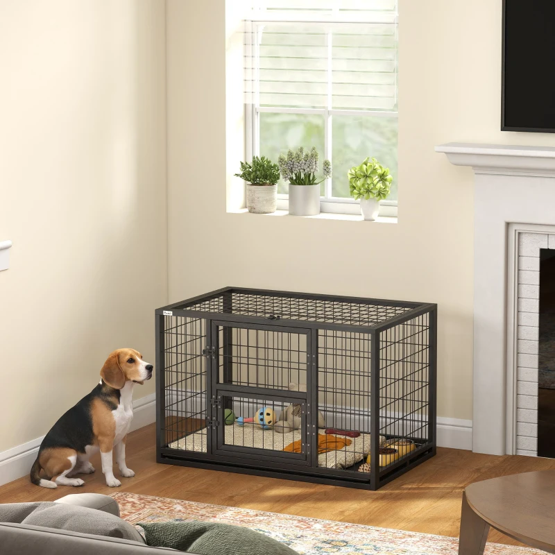 PawHut Cage pour Chien Robuste Niche Chien Intérieur Toit Ouvrant et Porte de Nourrissage Acier 94 x 60 x 64 cm Noir