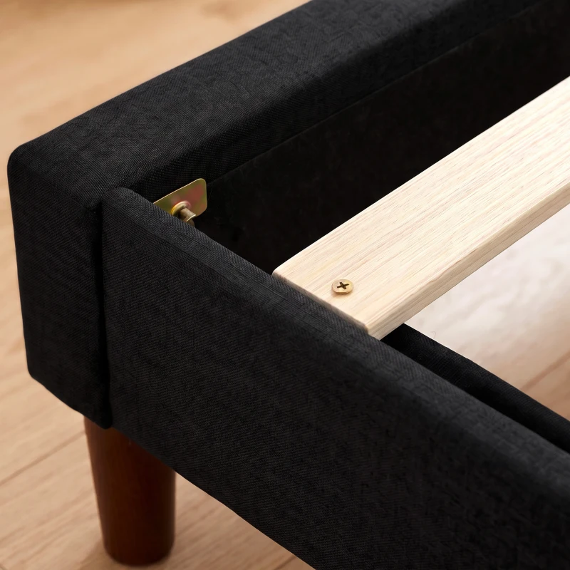 HOMCOM Estructura de Cama 140x200 cm con Lamas de Madera Cama Doble Acolchada en Efecto Lino con Almacenamiento Inferior sin Ruido Negro