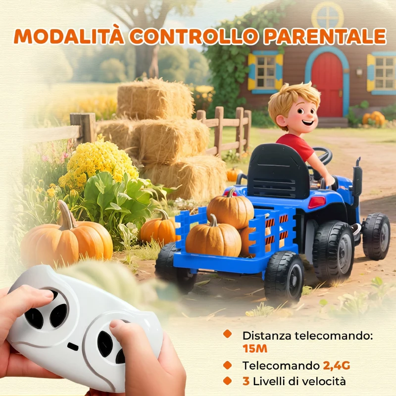 AIYAPLAY 2 in 1 Trattore Elettrico per Bambini 3-8 Anni con Rimorchio Staccabile, Telecomando, Musica, Luci, Blu