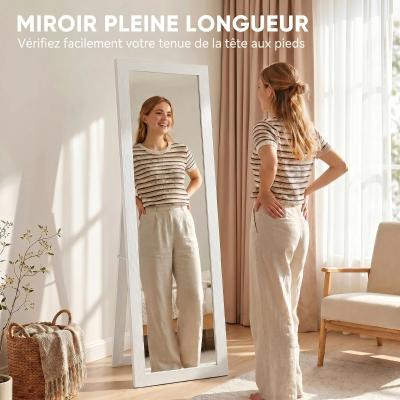 HOMCOM Miroir sur pied mural ou à poser rectangulaire avec cadre en bois pour salon chambre à coucher 37 x 155 cm blanc