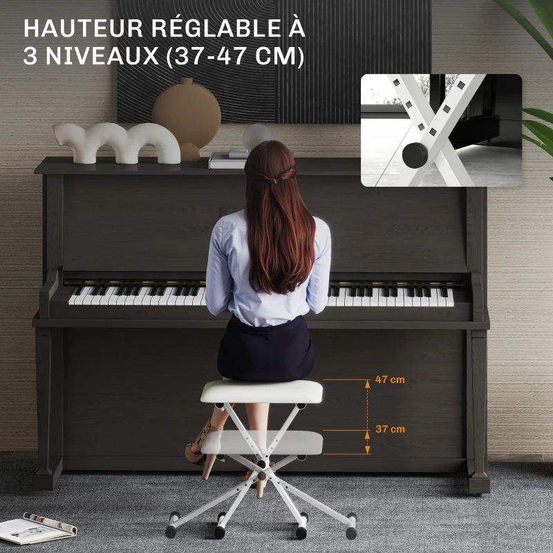 HOMCOM Tabouret piano pliable, banc piano réglable en hauteur, siège rembourré en PU, 39 x 29 x 37-47 cm, blanc