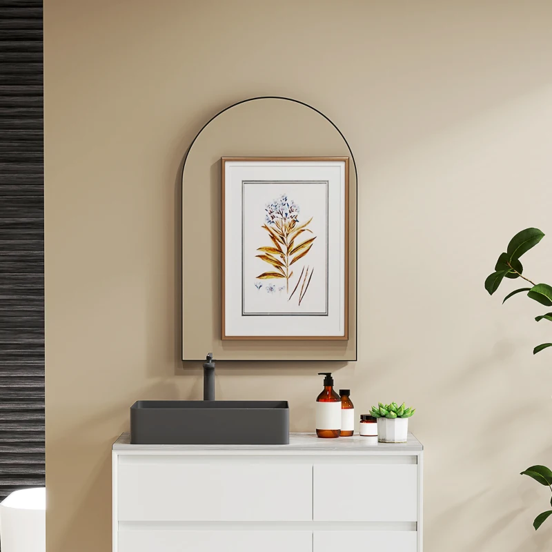 HOMCOM Miroir mural arqué miroir de salle de bain avec cadre en alliage d'aluminium pour chambre salon entrée 60 × 90 cm noir