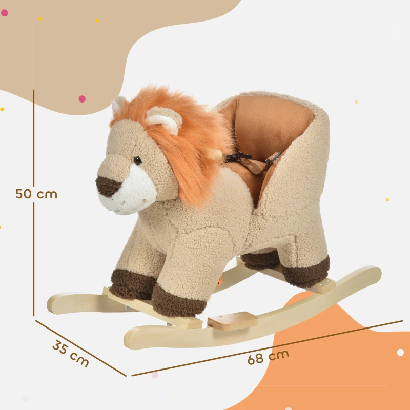HOMCOM Cheval à Bascule modèle Lion Fonction Musicale Selle Grand Confort Peluche Courte Douce Pour Enfants 18-36 Mois Bois peuplier Marron dim. 68L x 35l x 50H cm