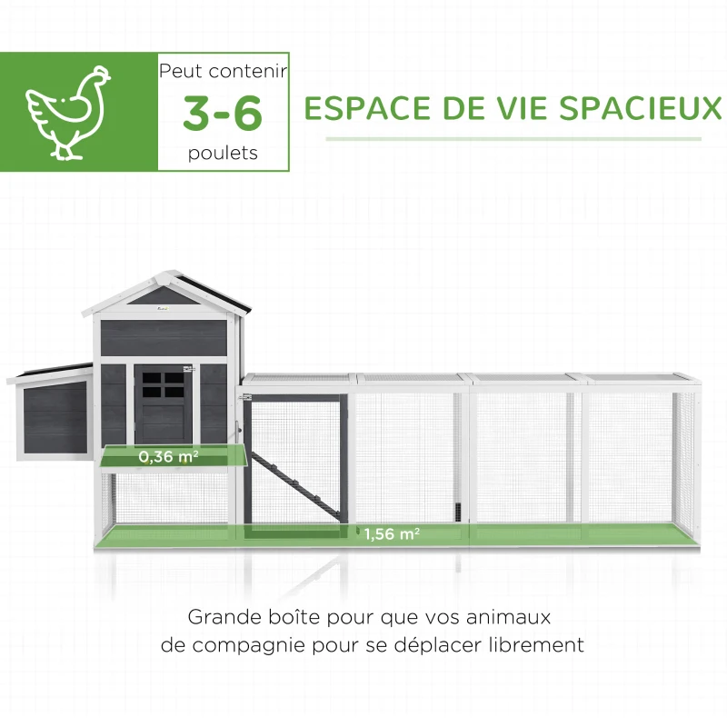 PawHut Poulailler en bois poulailler pour poules extérieur avec pondoir bac amovible en bois massif 297,5 x 68 x 118 cm blanc