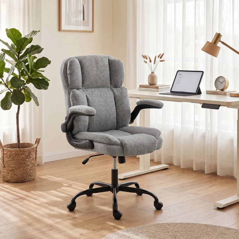 HOMCOM Chaise de Bureau Pivotante avec Accoudoirs Rabattables, Hauteur Réglable, Bascule en Tissu Effet Lin, Gris