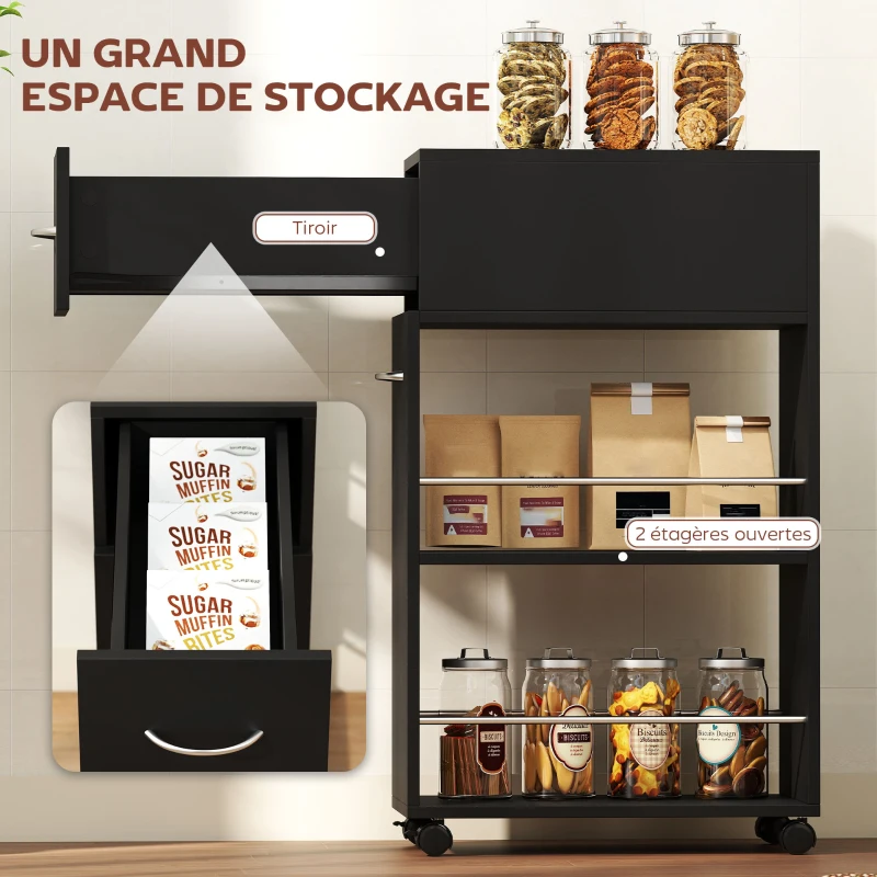HOMCOM Chariot de cuisine desserte sur roulettes avec 1 tiroir et 2 étagères ouvertes pour salle à manger 25 x 50 x 85 cm Noir