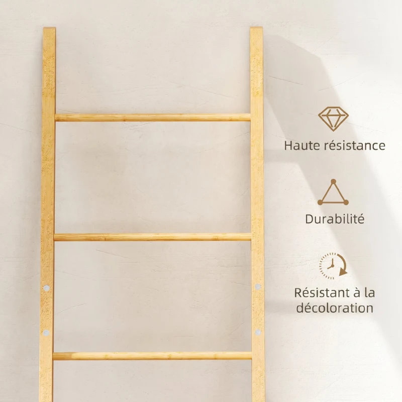 HOMCOM Porte-Serviettes Bambou avec Panier à Linge, Échelle Porte-Serviettes avec 1 Panier à Linge, 43 x 35 x 133 cm, Crème
