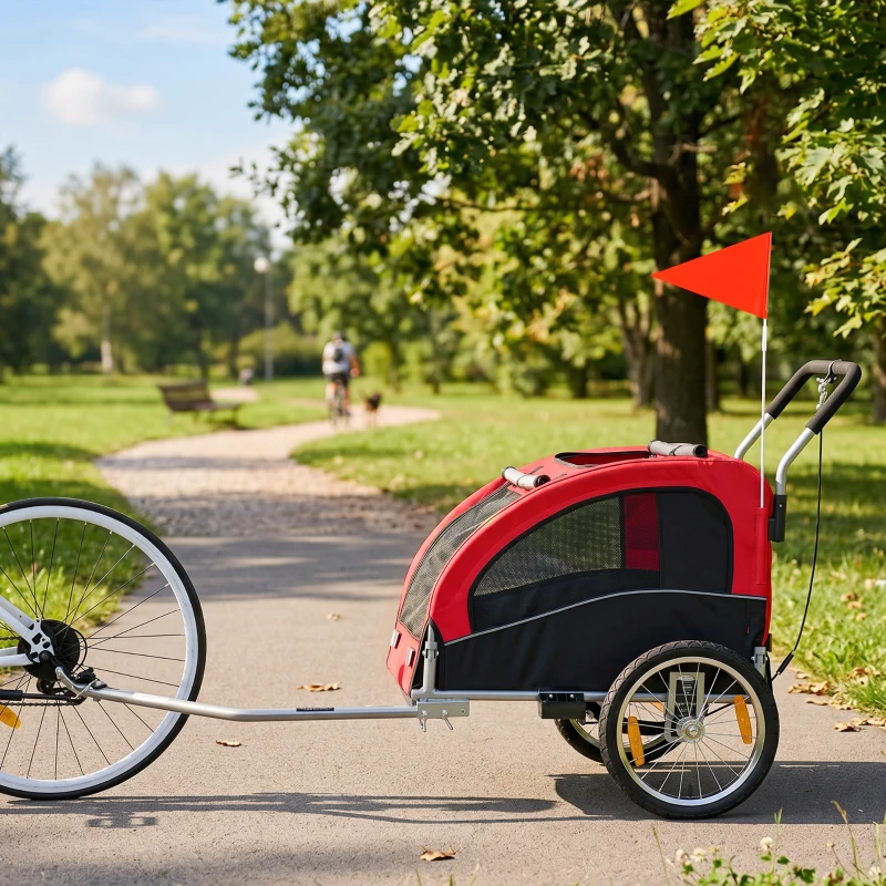 PawHut Remorque Vélo Chien 2-en-1 pour Chien Moyen avec Suspension, Pneus à Dégagement Rapide, Réflecteurs, 160x71x101cm, Rouge