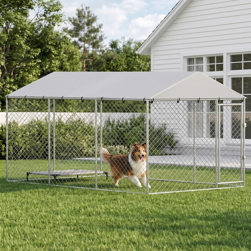 PawHut Recinto per Cani da Esterno con Rete Zincata e Serratura, in Acciaio e Tessuto Oxford, 4x2.3x2 m, Argento
