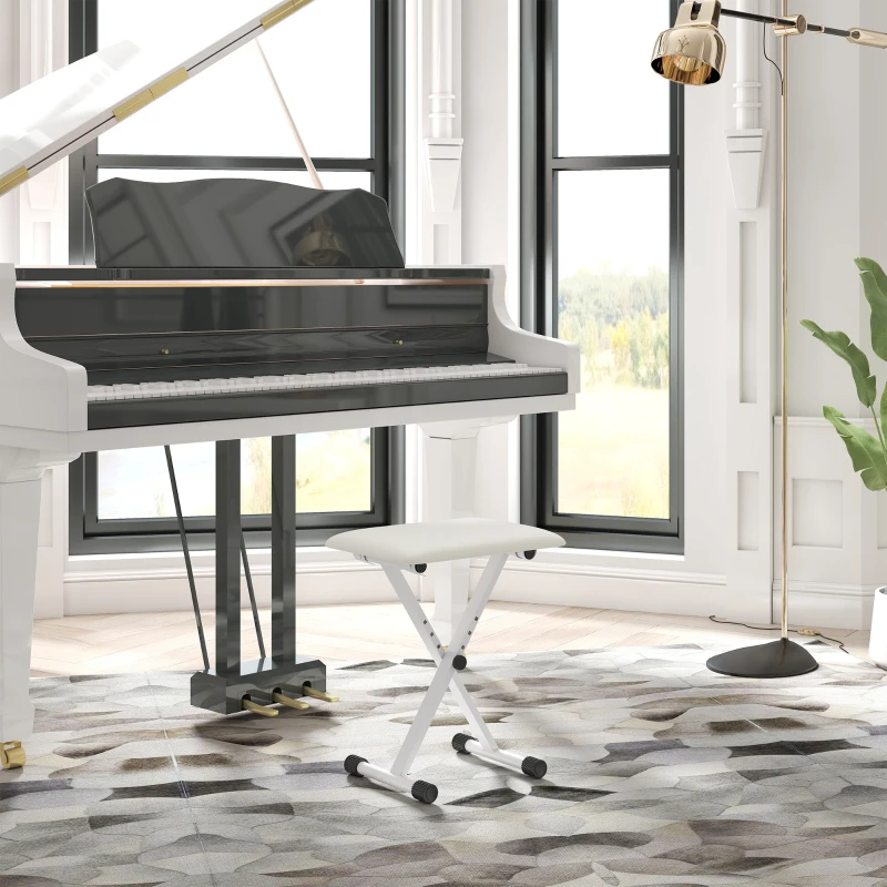 HOMCOM Tabouret piano pliable, banc piano réglable en hauteur, siège rembourré en PU, 39 x 29 x 37-47 cm, blanc
