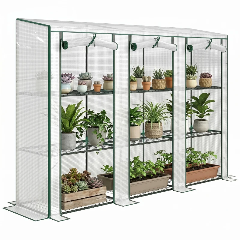 Outsunny Serre de jardin avec étagères à 3 niveaux serre de balcon 3 portes enroulables zippées 215 x 46 x 151 cm blanc