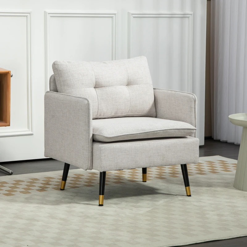 HOMCOM Fauteuil scandinave dossier capitonné avec passepoil en tissu 76 x 68 x 80 cm crème et pieds en métal noir et doré