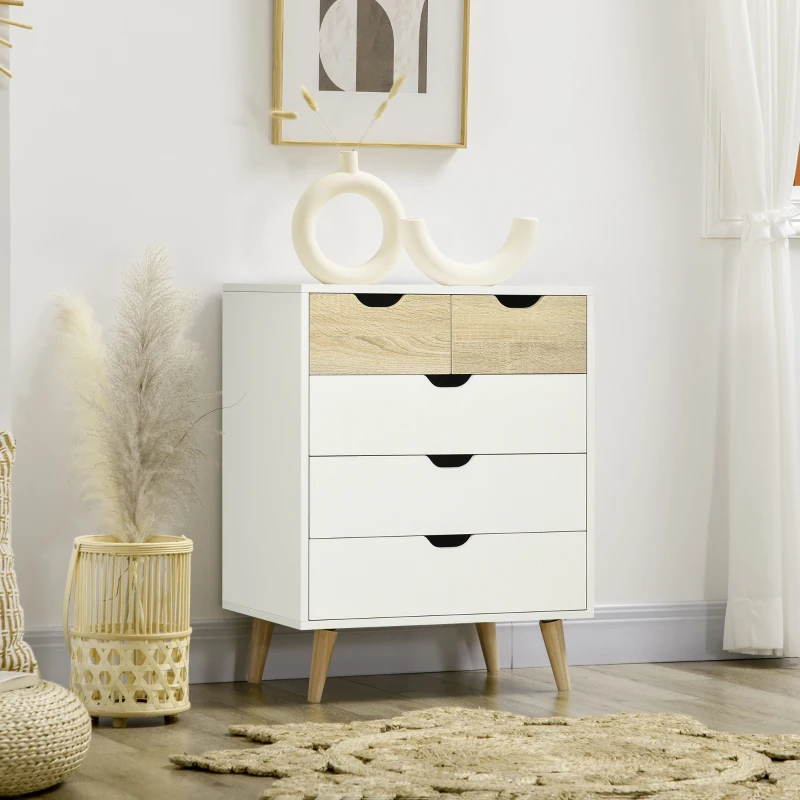 HOMCOM Commode 5 tiroirs meuble de rangement 4 pieds biseautés - bois, 60 x 40 x 77,5 cm, blanc