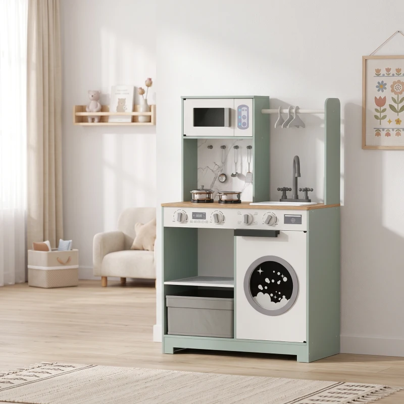 AIYAPLAY Cuisine enfant jouet d'imitation, dinette enfant avec cuisinière, évier, micro-ondes, 5 accessoires, vert