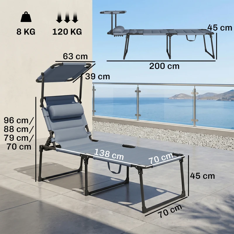 Outsunny Bain de soleil chaise longue pliante avec pare-soleil, appuie-tête inclinable en tissu Oxford 70 x 200 x 45 cm gris