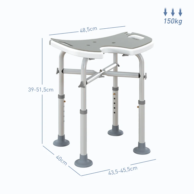 HOMCOM Tabouret de douche siège de douche hauteur ajustable 39-51,5 cm barre d'appui à ventouse patins à ventouse gris