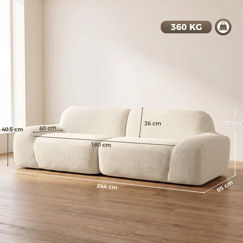 HOMCOM Canapea 3 locuri din chenille 244 cm, canapea modernă pentru living, șezut și brațare late, arcuri individuale (pocket), crem