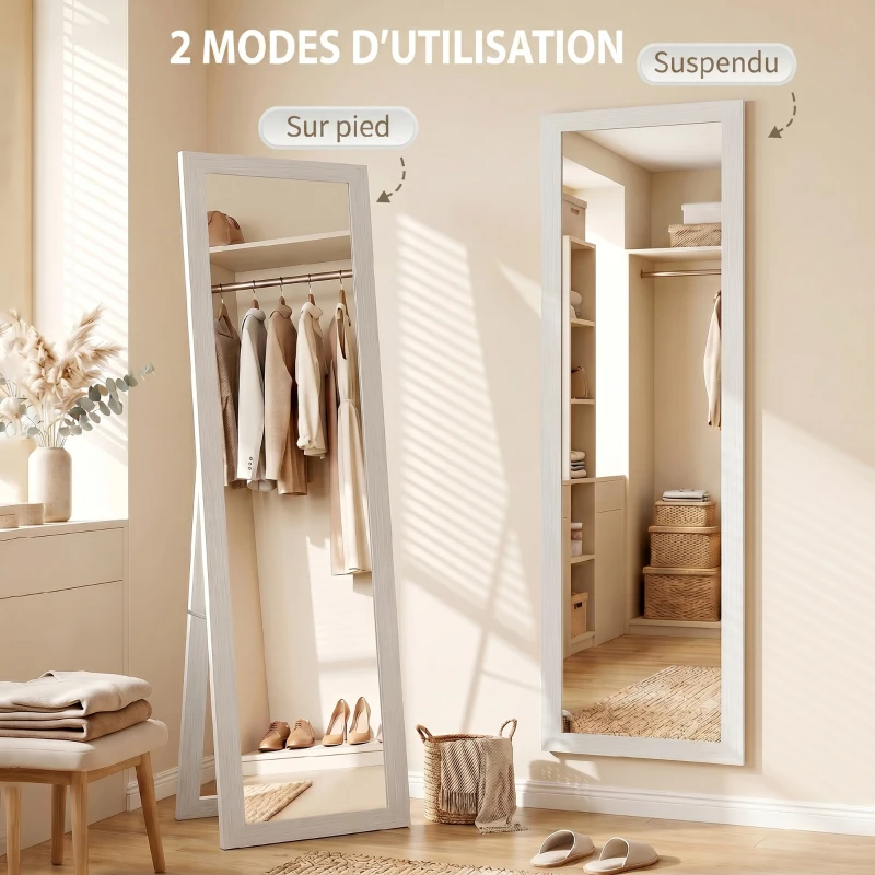 HOMCOM Miroir sur pied mural ou à poser rectangulaire avec cadre en bois pour salon chambre à coucher 37 x 155 cm blanc