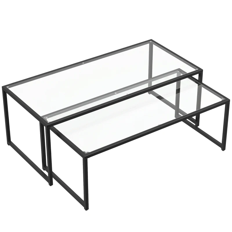 HOMCOM Lot de 2 tables basses gigognes tables de salon rectangulaires design en acier noir et plateaux en verre trempé