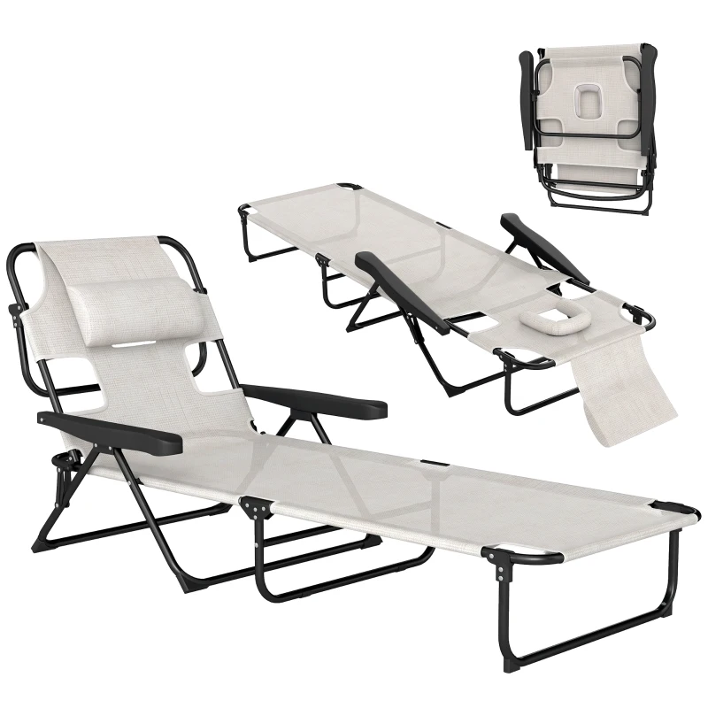 Outsunny Chaise longue de jardin pliante dossier réglable sur 4 niveaux, trou de lecture et appui-tête 72 x 194 x 89 cm crème