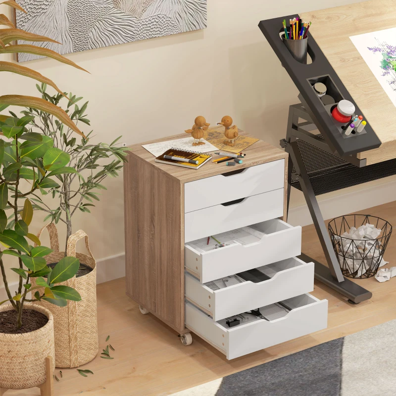 Vinsetto Caisson bureau mobile, meuble rangement bureau sur roulettes, 5 tiroirs, 47,5 x 39,5 x 67,5 cm, blanc et chêne