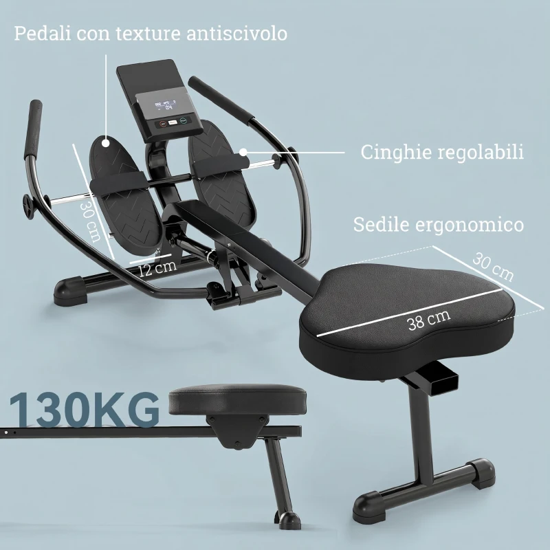 SPORTNOW Vogatore per Casa, Vogatore Compatto con 12 Livelli di Resistenza Idraulica, Monitor LCD, Pedali Antiscivolo, Capacità 130 kg, Salvaspazio