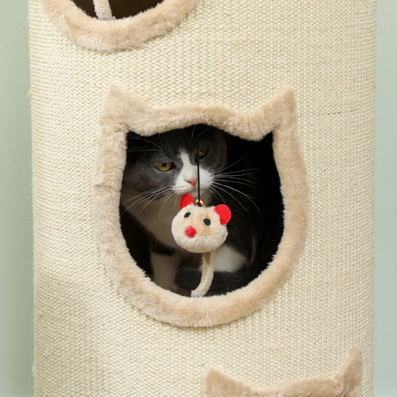 PawHut Tonneau à gratter, tour à griffer en sisal et bord en peluche, 3 niveaux avec plate-forme, stable, Ø 38 x 96 cm crème